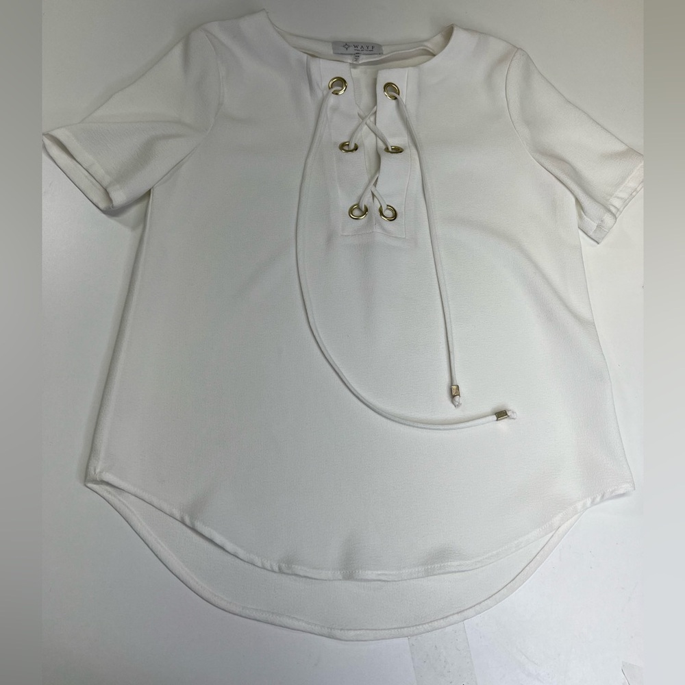 WAYF Ivory Lace Up Short Sleeve Blouse Top Size XS - Picture 8 of 8